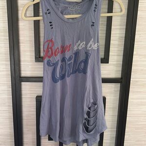Lyric Culture born to be wild, blue distressed flowy tank top size medium